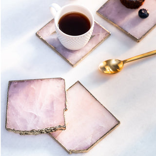 Rose Quartz Square Coaster Set With Gold Trim