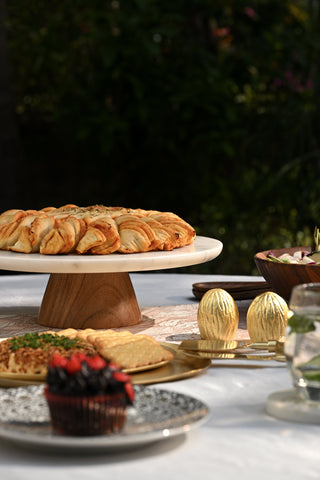 Marble Cake Stand With Wooden Base - 12 Inches