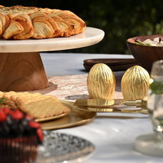 Marble Cake Stand With Wooden Base - 12 Inches