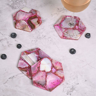 Pink Hexagonal Agate Coaster Set