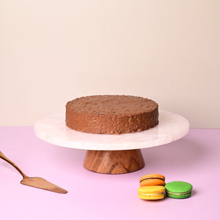 White Quartz Cake Stand With Wooden Base - 12 Inches