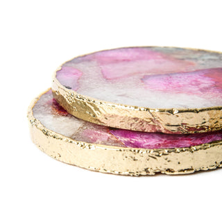 Pink Agate Round Coaster Set - Gold Trim Edges