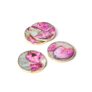 Pink Agate Round Coaster Set - Gold Trim Edges